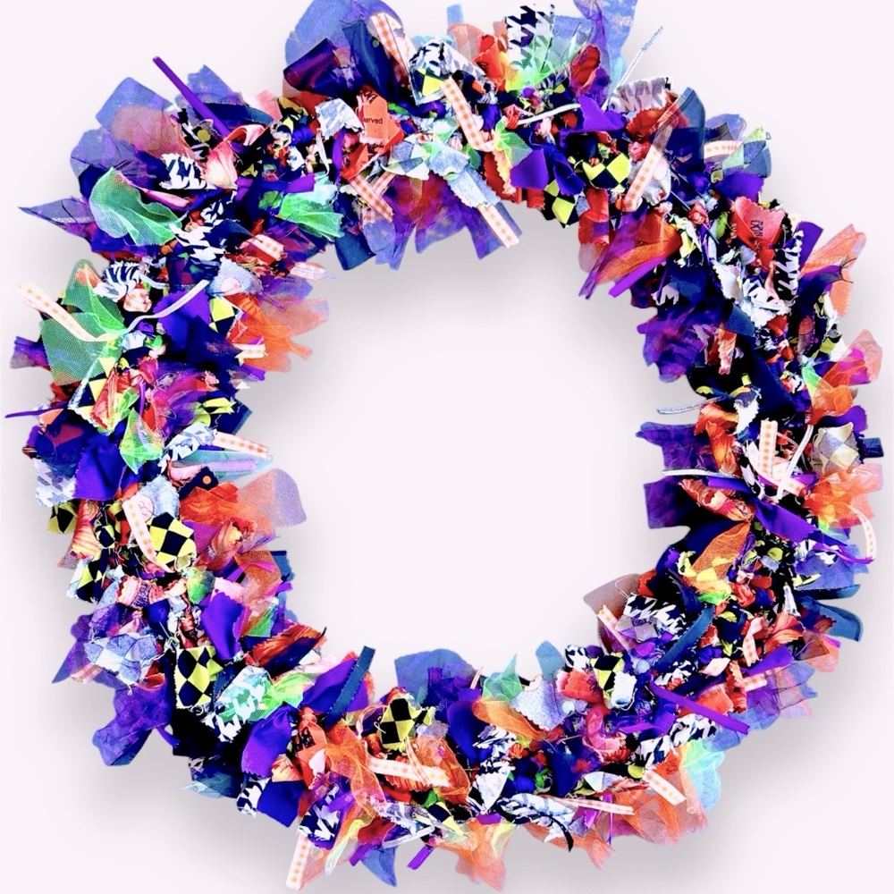 24” Fabric Halloween Rag Wreath Handmade Multicolor Purple Orange Neon Green